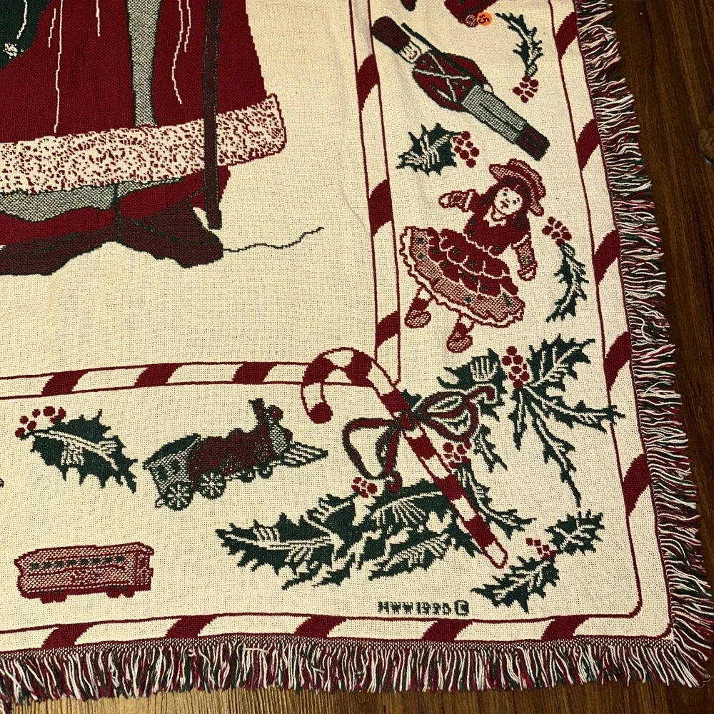 Christmas Holiday Reversible Throw Blanket Woven Tapestry Santa Claus 48x72 VTG